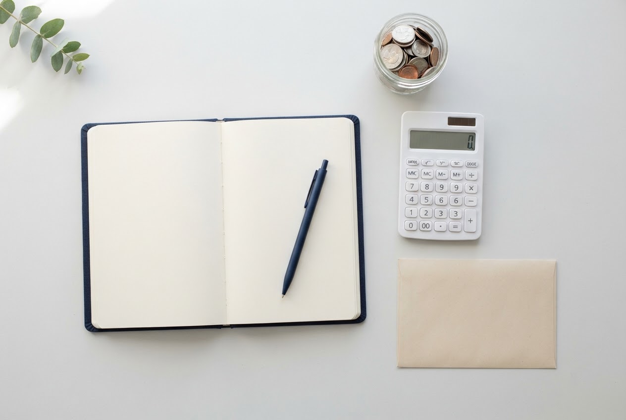 An open notebook, pen, calculator and a jar of coins on a desk