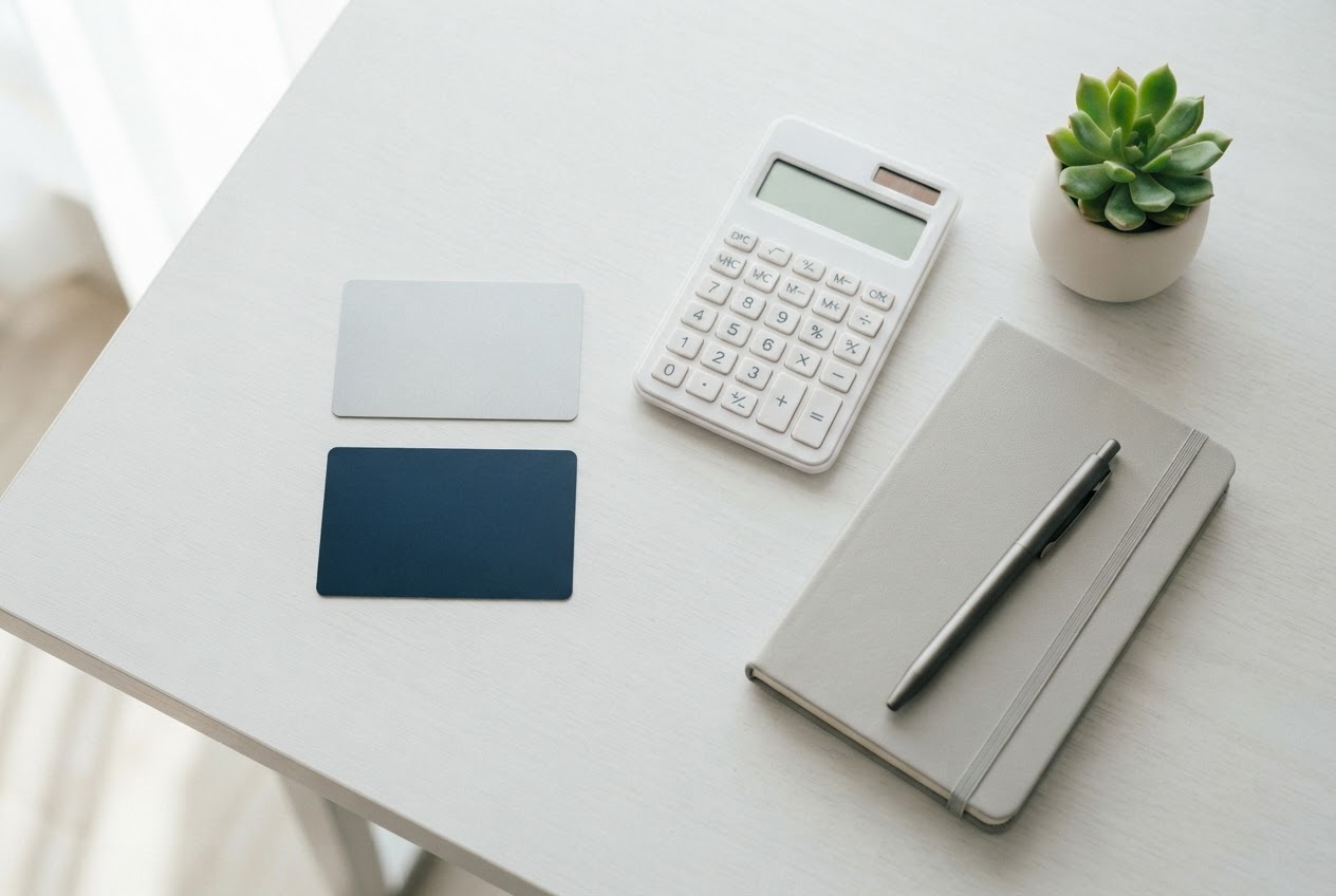 Two unbranded payment cards, a calculator and a notebook on a desk