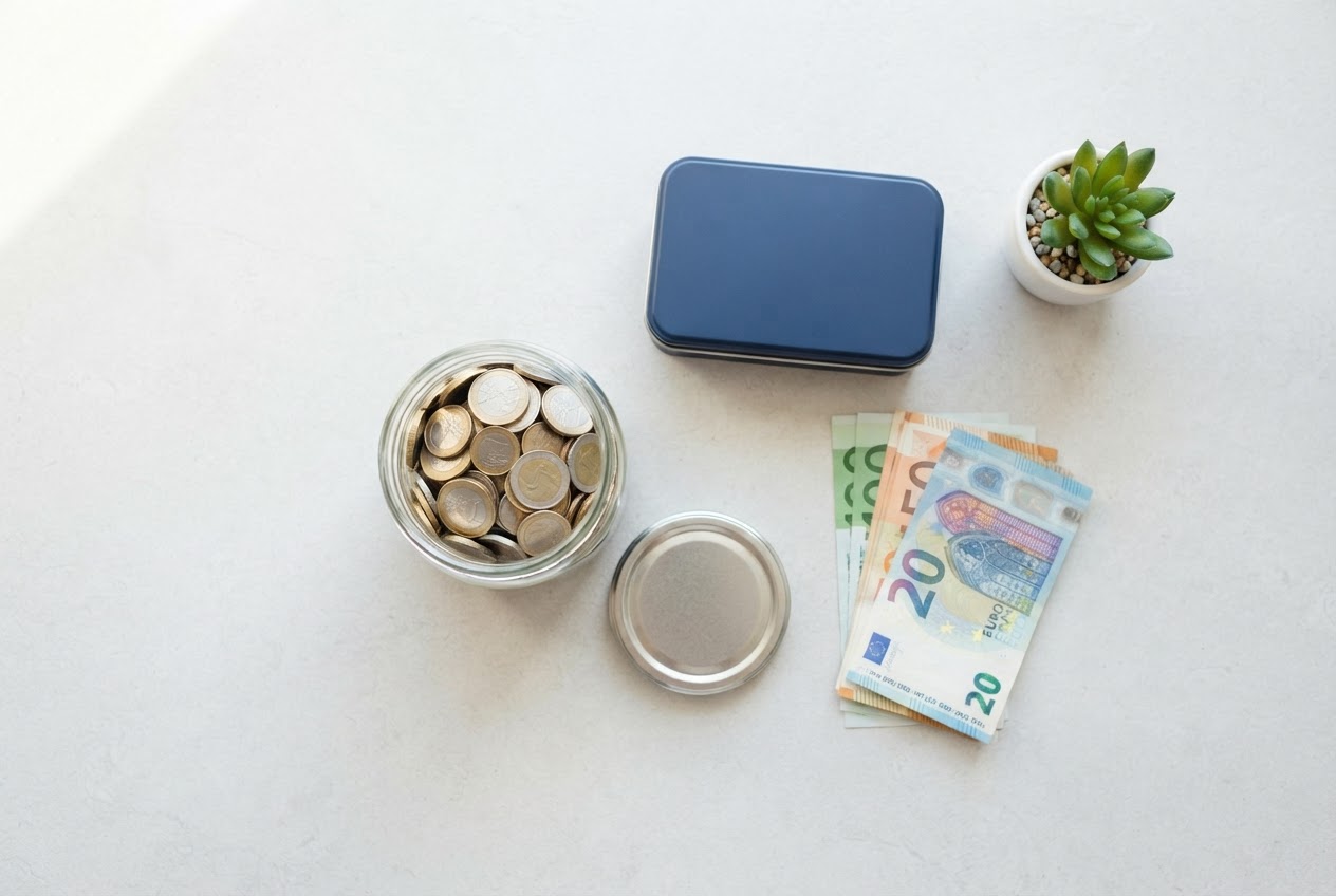 A glass jar of coins, banknotes and a small tin on a desk