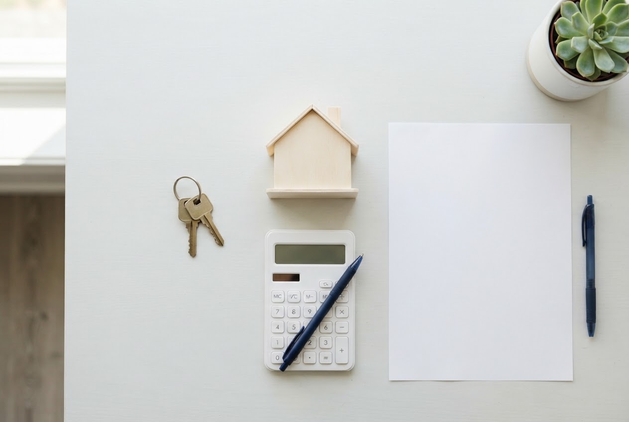 House keys, a small wooden model house and a calculator on a desk