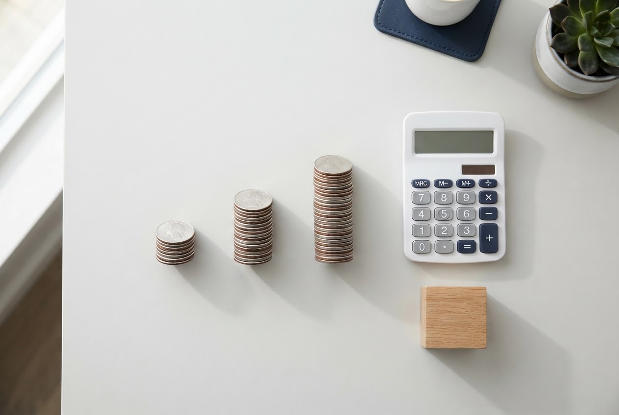 Three rising stacks of coins beside a calculator on a desk