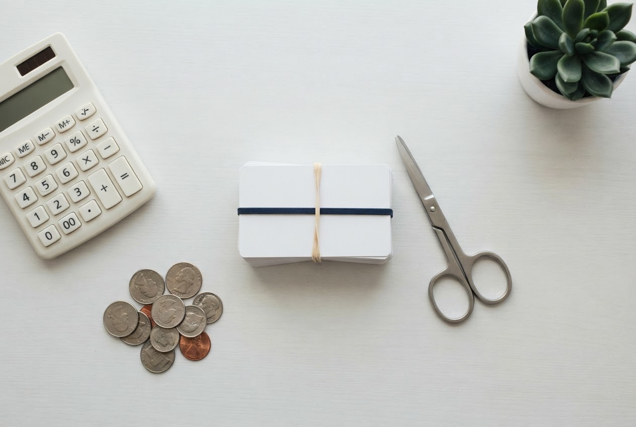 A bundled stack of cards, scissors and coins on a desk