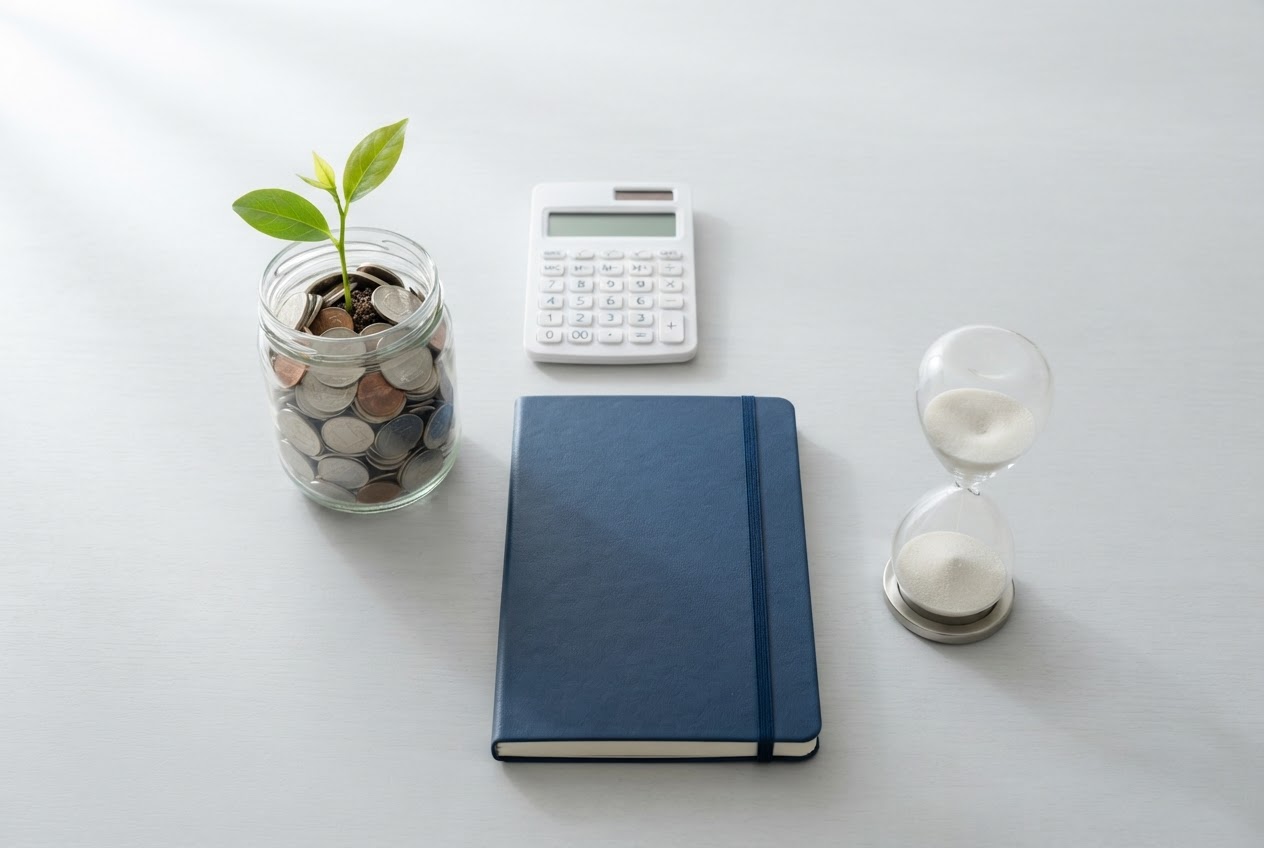 A jar of coins with a seedling growing from it, beside an hourglass and a calculator