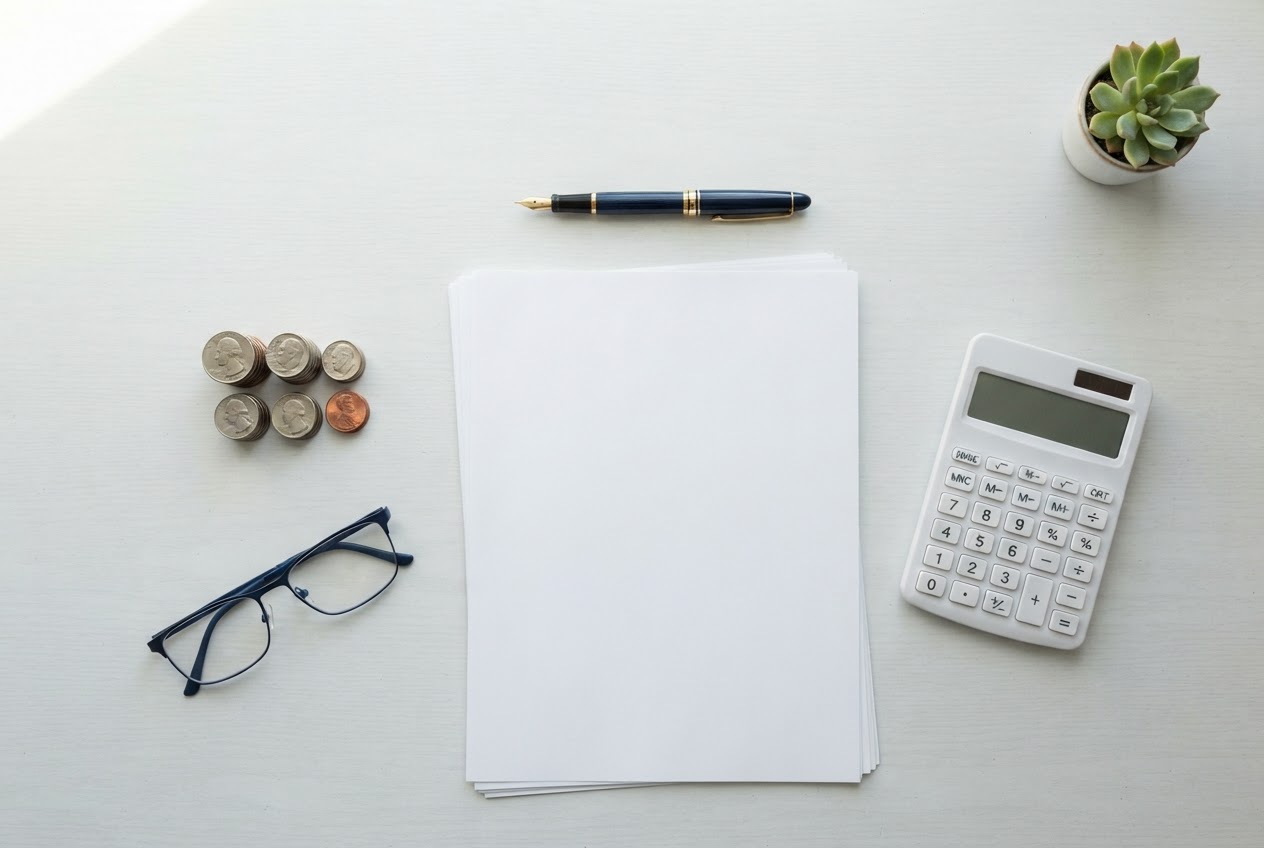 Tax forms, a calculator, glasses and coins arranged on a desk